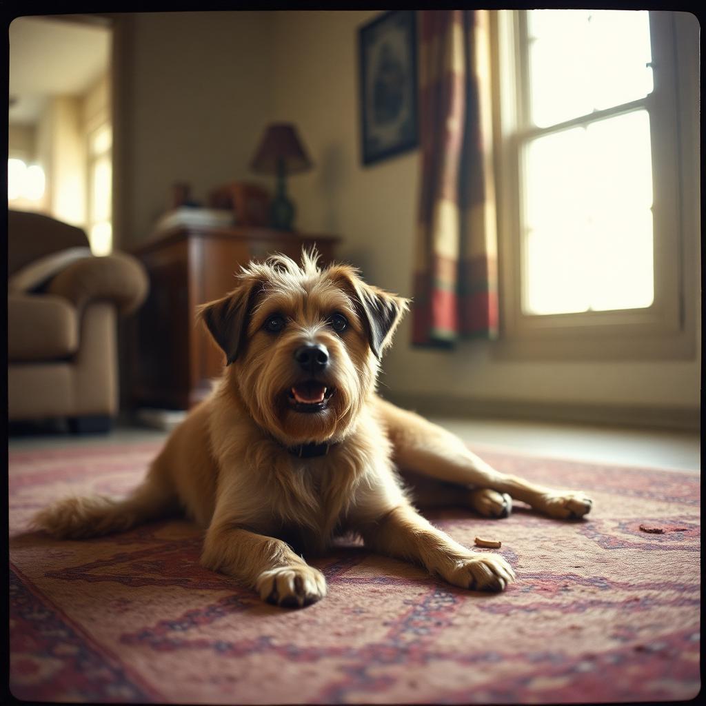 Maury, a friendly dog, sitting in a warm home kitchen