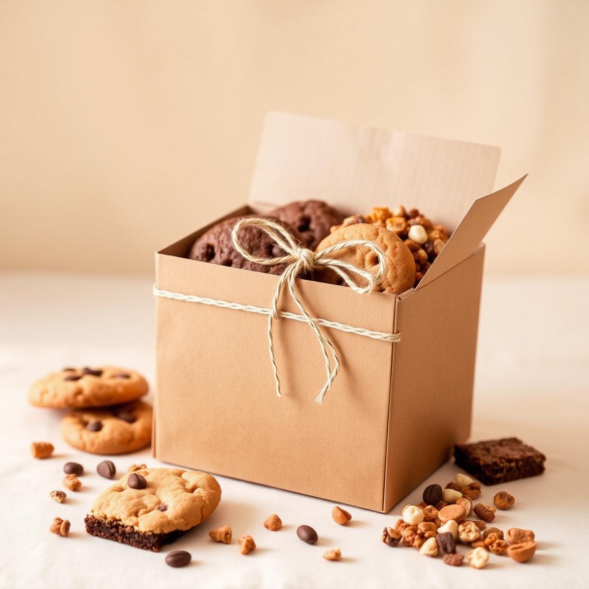 A hand-packed treat box holding assorted homemade cookies, bars, and snack mix