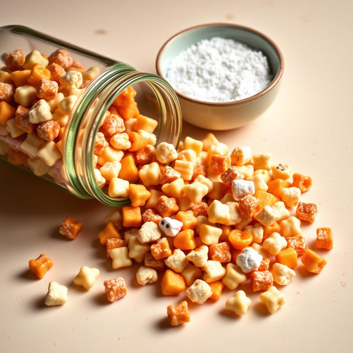 A bag of clustered granola and caramel corn spilling onto a kitchen counter