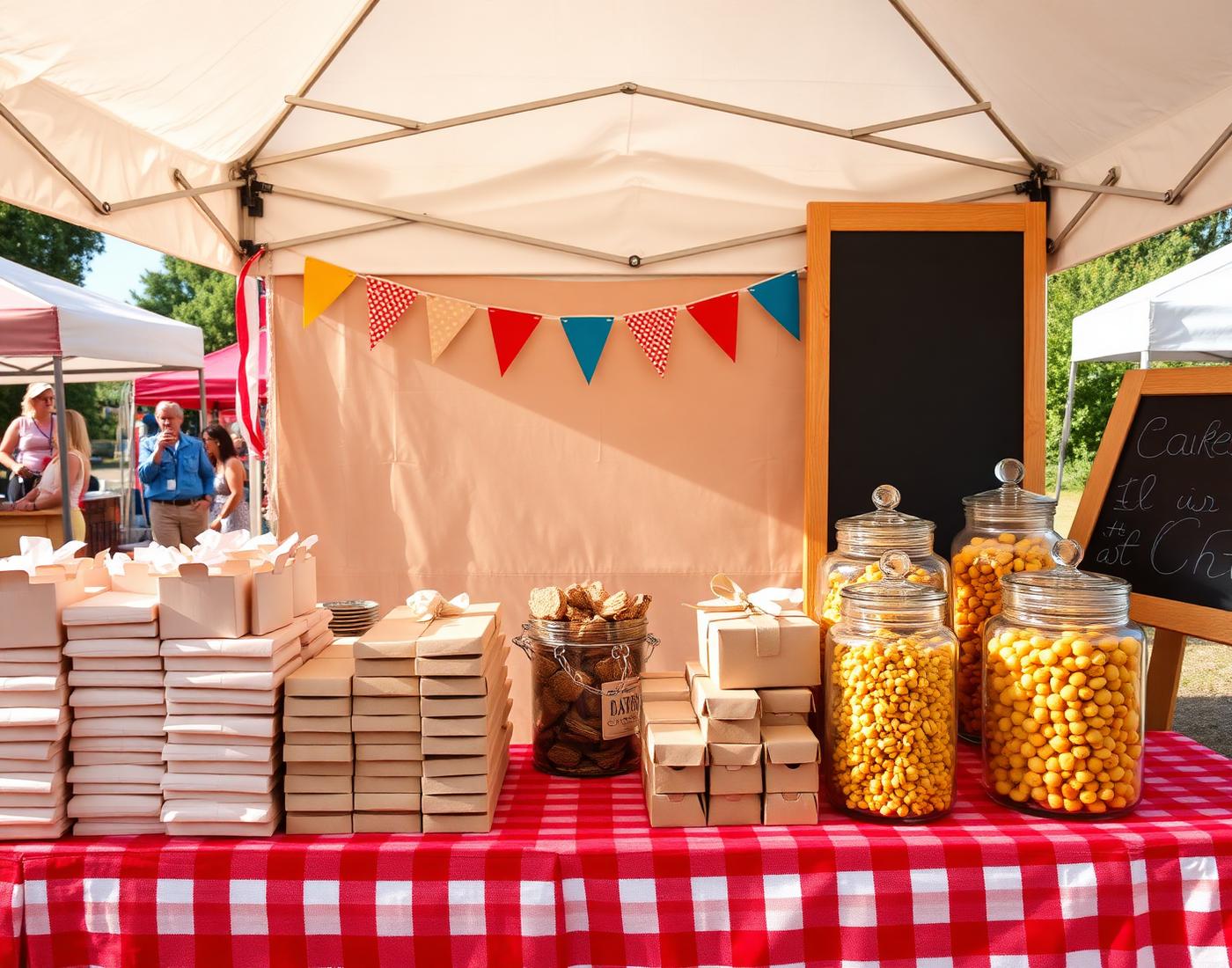 A market table set up with treat boxes, jars, and a hand-lettered sign
