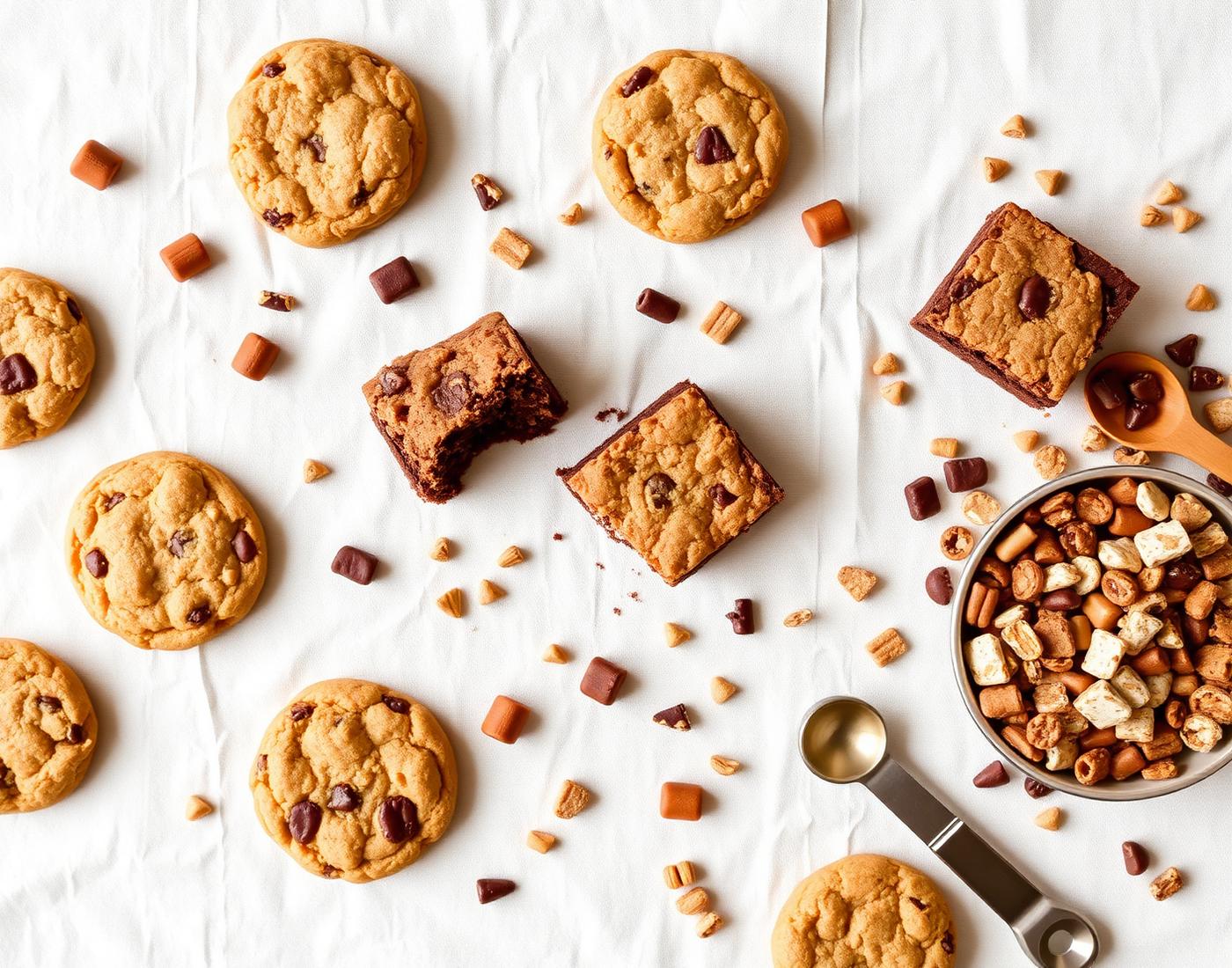 An overhead spread of homemade cookies, bars, and treats on a table