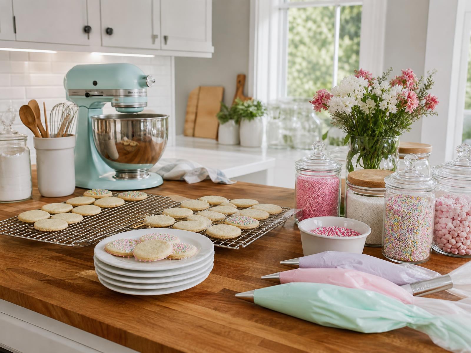 A warm home kitchen with mixing bowls, a wooden spoon, and cooling cookies